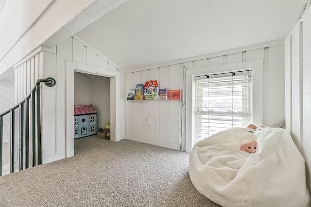 23155 Gulf Dr, Galveston, TX 77554 - interior space with lofted ceiling and carpet flooring
