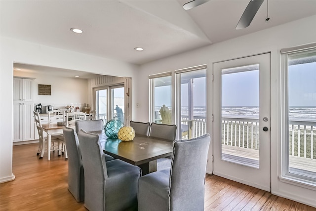 23155 Gulf Dr, Galveston, TX 77554 - dining area featuring recessed lighting, light wood-type flooring, and ceiling fan
