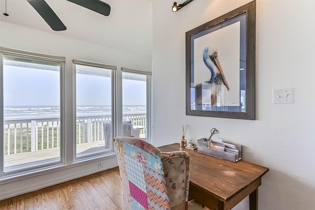 23155 Gulf Dr, Galveston, TX 77554 - dining space with a ceiling fan, plenty of natural light, and wood finished floors