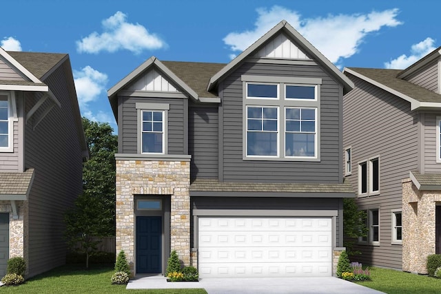 16035 Mason Run Dr, Houston, TX 77079 - view of front of home featuring stone siding, board and batten siding, a garage, and concrete driveway