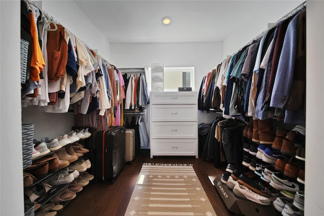 walk in closet with dark wood-type flooring