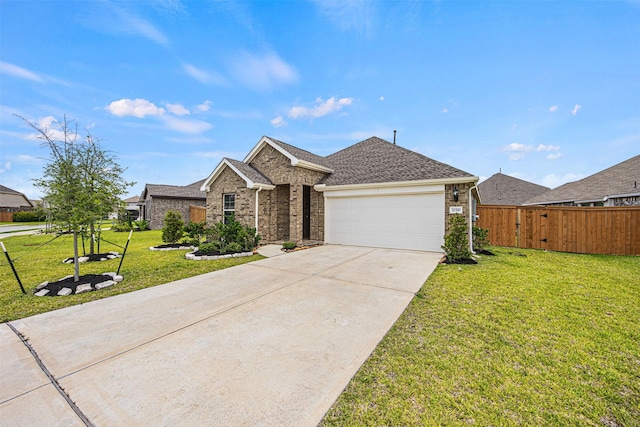 single story home featuring concrete driveway, a front lawn, brick siding, a garage, and fence