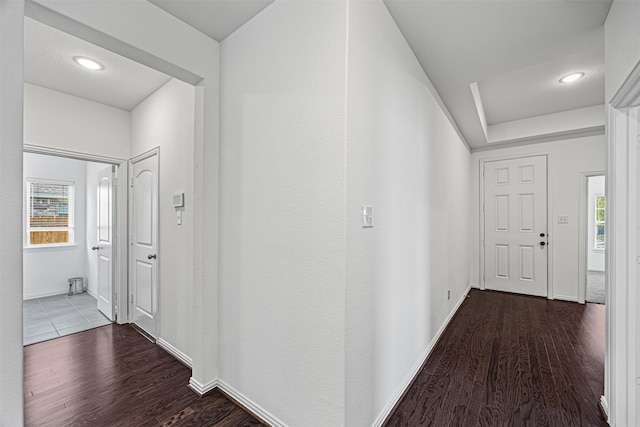 hallway featuring dark wood-type flooring, baseboards, and a healthy amount of sunlight