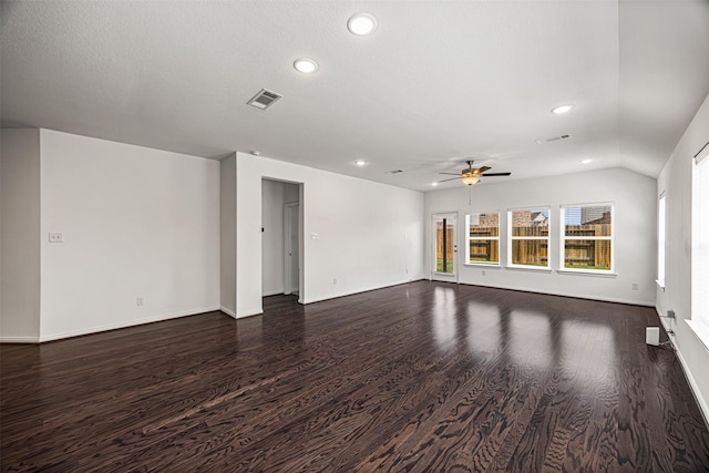 unfurnished living room featuring visible vents, ceiling fan, recessed lighting, and dark wood finished floors