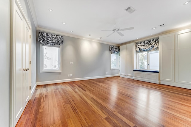 3126 Mid Ln, Houston, TX 77027 - empty room featuring ornamental molding, light wood-style flooring, ceiling fan, and recessed lighting