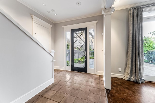 3126 Mid Ln, Houston, TX 77027 - foyer entrance featuring healthy amount of natural light, crown molding, recessed lighting, and ornate columns