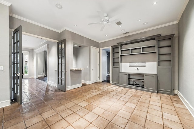 3126 Mid Ln, Houston, TX 77027 - unfurnished living room featuring a ceiling fan, recessed lighting, ornamental molding, and french doors