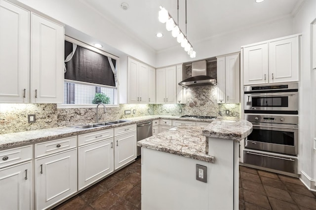 3126 Mid Ln, Houston, TX 77027 - kitchen featuring a warming drawer, wall chimney exhaust hood, stainless steel appliances, a kitchen island, and white cabinets