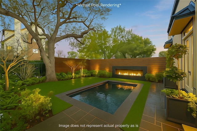 3126 Mid Ln, Houston, TX 77027 - pool at dusk with a warm lit fireplace and a patio