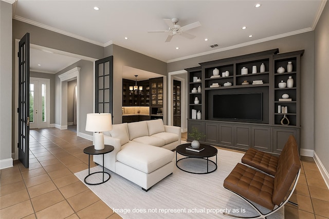 3126 Mid Ln, Houston, TX 77027 - living room featuring recessed lighting, light tile patterned floors, a ceiling fan, and ornamental molding