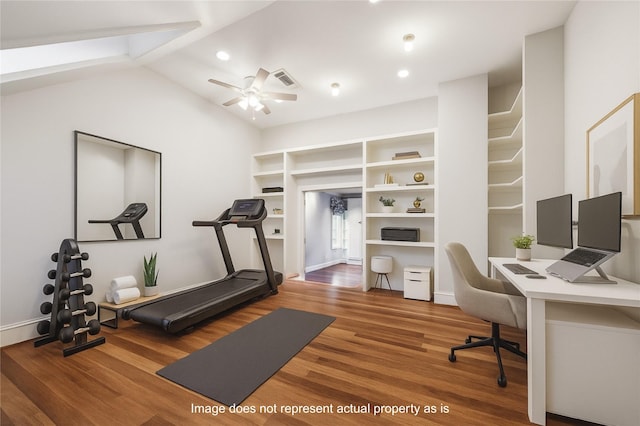 3126 Mid Ln, Houston, TX 77027 - exercise area featuring wood finished floors, a ceiling fan, vaulted ceiling, and recessed lighting