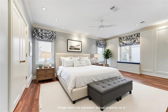 3126 Mid Ln, Houston, TX 77027 - bedroom featuring wood finished floors, ornamental molding, recessed lighting, and a ceiling fan