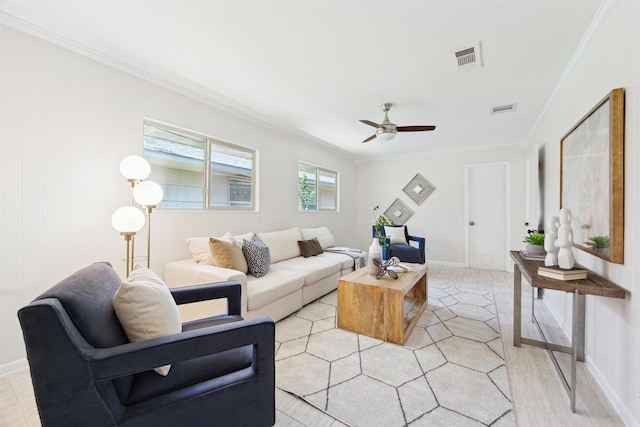 3427 Linkwood Dr, Houston, TX 77025 - living area featuring ornamental molding and a ceiling fan