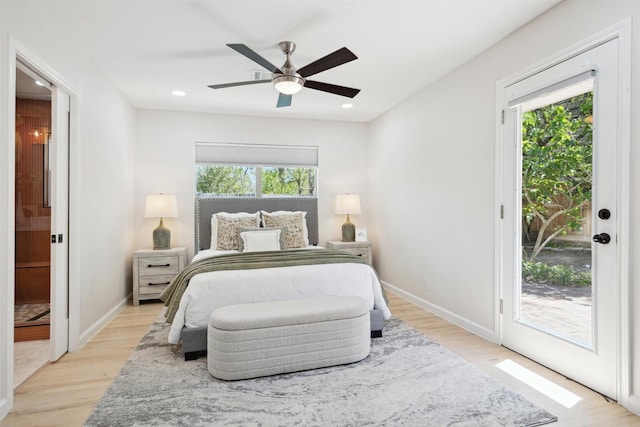 3427 Linkwood Dr, Houston, TX 77025 - bedroom with multiple windows, access to exterior, light wood-style floors, recessed lighting, and baseboards