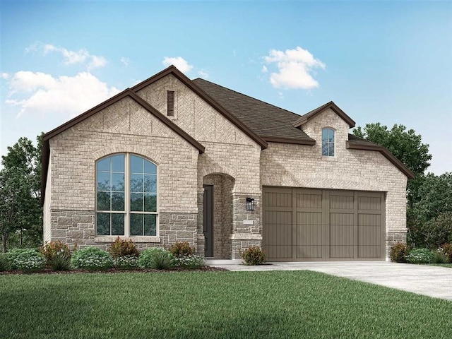 french provincial home with a front lawn, driveway, brick siding, and stone siding