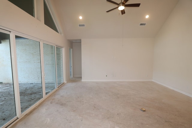 9710 Falling Leaf Dr, Missouri City, TX 77459 - spare room with ceiling fan, unfinished concrete flooring, high vaulted ceiling, and recessed lighting