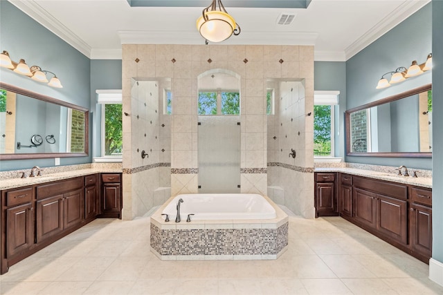full bathroom with two vanities, ornamental molding, visible vents, and walk in shower
