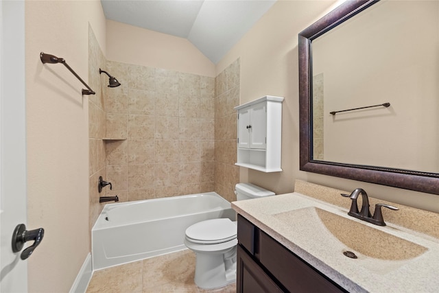 full bath featuring washtub / shower combination, vanity, tile patterned flooring, toilet, and lofted ceiling