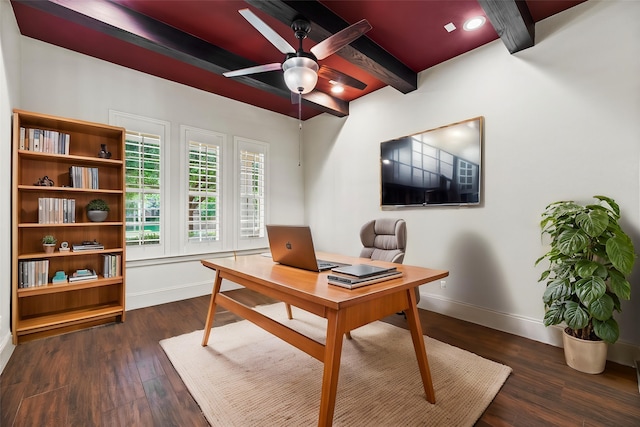 office featuring baseboards, a ceiling fan, beam ceiling, and dark wood finished floors