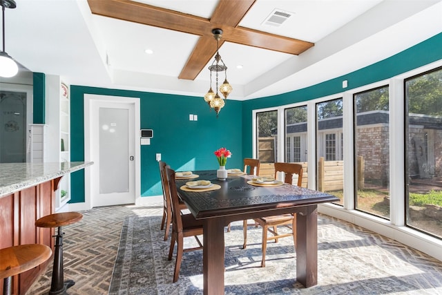 15407 Oaklawn Park Dr, Houston, TX 77069 - dining room featuring brick patterned floors, coffered ceiling, recessed lighting, beamed ceiling, and a chandelier