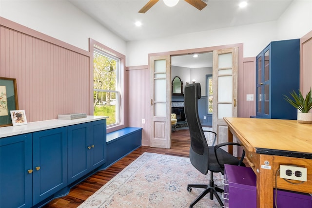 15407 Oaklawn Park Dr, Houston, TX 77069 - office featuring dark wood-type flooring, ceiling fan, and recessed lighting