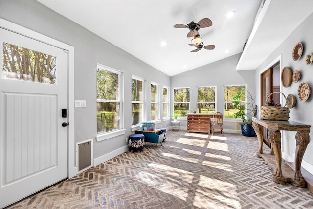 15407 Oaklawn Park Dr, Houston, TX 77069 - sunroom / solarium with healthy amount of natural light, vaulted ceiling, brick flooring, and recessed lighting