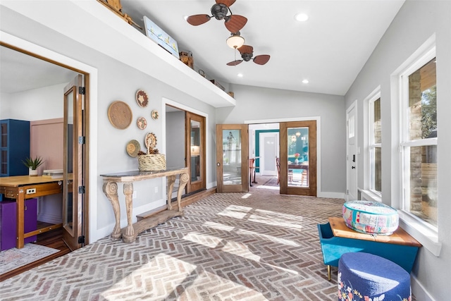 15407 Oaklawn Park Dr, Houston, TX 77069 - interior space with recessed lighting, brick flooring, ceiling fan, vaulted ceiling, and french doors