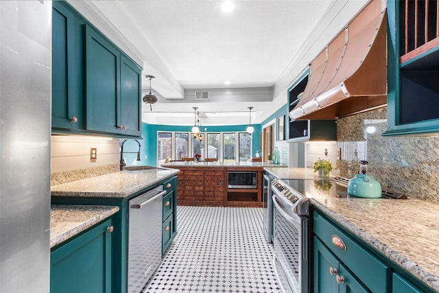 15407 Oaklawn Park Dr, Houston, TX 77069 - kitchen with appliances with stainless steel finishes, decorative backsplash, custom exhaust hood, decorative light fixtures, and light flooring