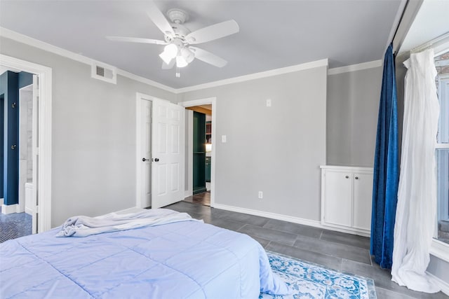 15407 Oaklawn Park Dr, Houston, TX 77069 - bedroom featuring ornamental molding, a ceiling fan, dark wood-style floors, and ensuite bath