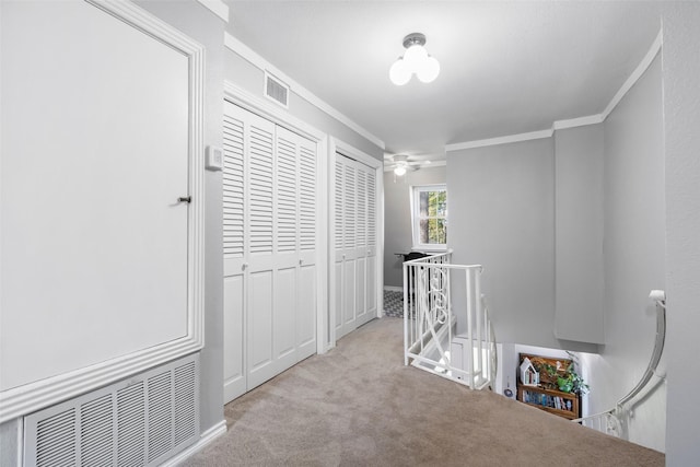 15407 Oaklawn Park Dr, Houston, TX 77069 - corridor featuring an upstairs landing, carpet, and crown molding