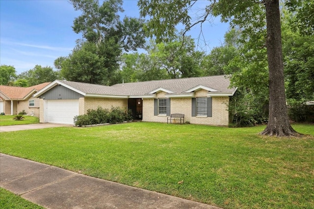 ranch-style home featuring concrete driveway, brick siding, an attached garage, and a front lawn