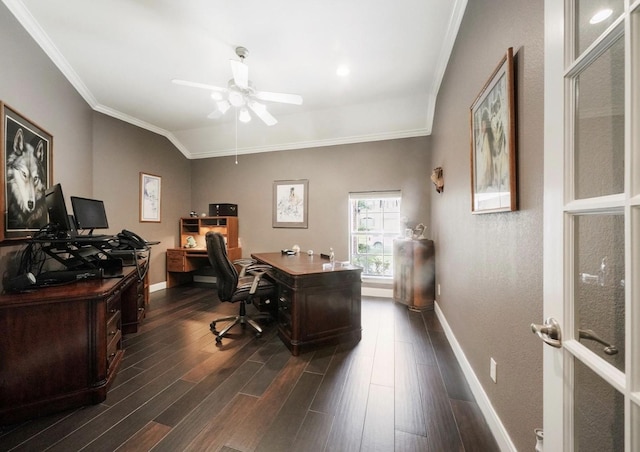 15502 Kellan Ct, Cypress, TX 77429 - home office with crown molding, a ceiling fan, dark wood-style flooring, and baseboards