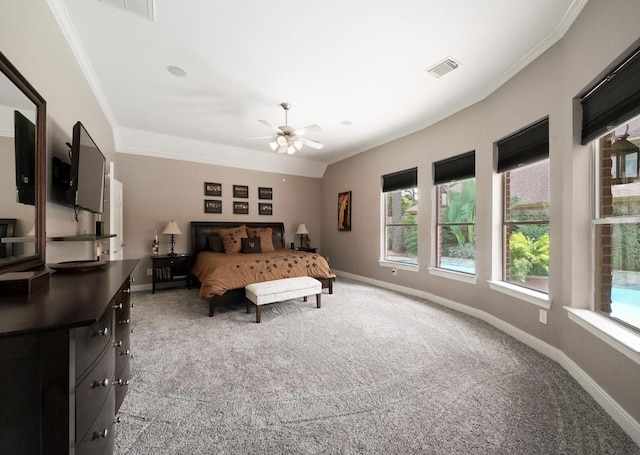 15502 Kellan Ct, Cypress, TX 77429 - bedroom with carpet flooring, ornamental molding, baseboards, and a ceiling fan
