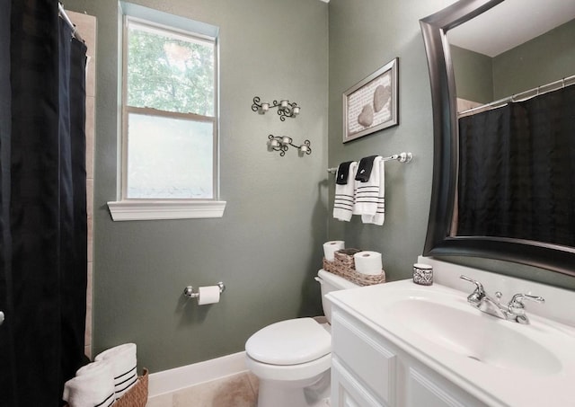 15502 Kellan Ct, Cypress, TX 77429 - bathroom with toilet, vanity, baseboards, tile patterned flooring, and a shower with shower curtain