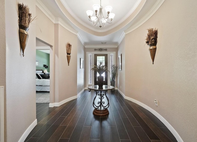 15502 Kellan Ct, Cypress, TX 77429 - entrance foyer featuring a chandelier, dark wood-type flooring, baseboards, and crown molding