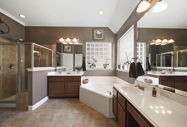 15502 Kellan Ct, Cypress, TX 77429 - full bath with a jetted tub, two vanities, a stall shower, ornamental molding, and tile patterned floors