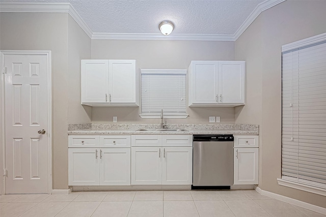 21403 Park Post Ln, Katy, TX 77450 - kitchen featuring dishwasher, light tile patterned floors, white cabinets, a textured ceiling, and crown molding