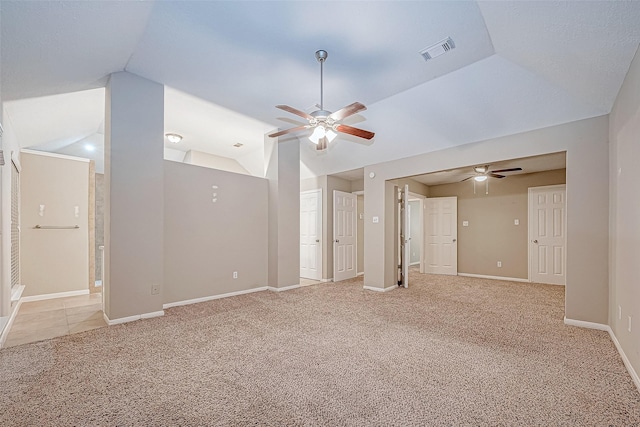 21403 Park Post Ln, Katy, TX 77450 - unfurnished living room with ceiling fan, lofted ceiling, and light colored carpet