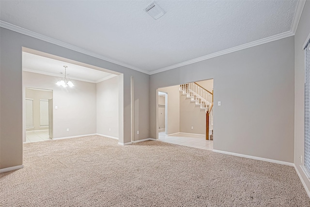 21403 Park Post Ln, Katy, TX 77450 - spare room featuring stairway, light colored carpet, a chandelier, and ornamental molding