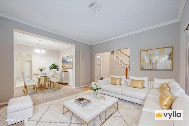 21403 Park Post Ln, Katy, TX 77450 - living room with stairs, a chandelier, ornamental molding, and light carpet
