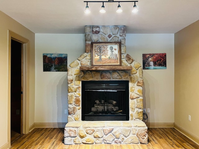 details featuring a stone fireplace, wood finished floors, and baseboards