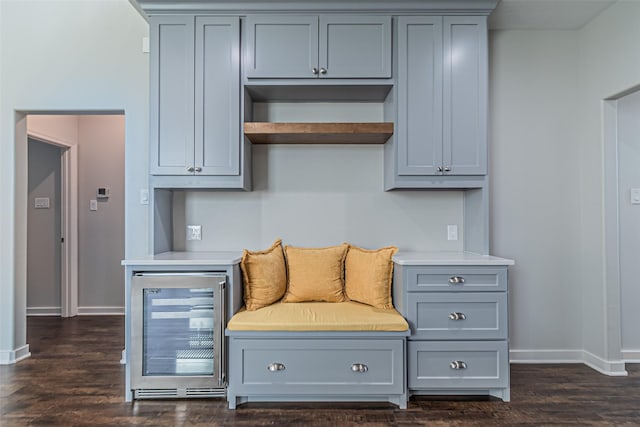 kitchen featuring dark wood-style floors, beverage cooler, gray cabinets, and baseboards
