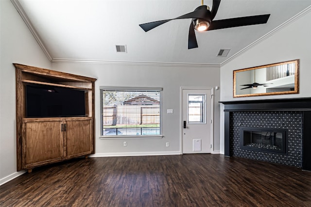unfurnished living room with vaulted ceiling, ornamental molding, visible vents, and ceiling fan