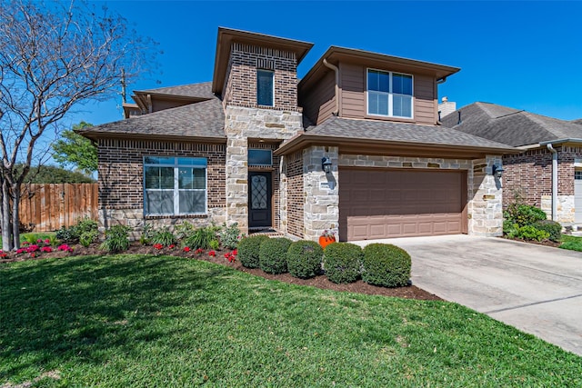 prairie-style home featuring fence, driveway, a front lawn, a garage, and stone siding
