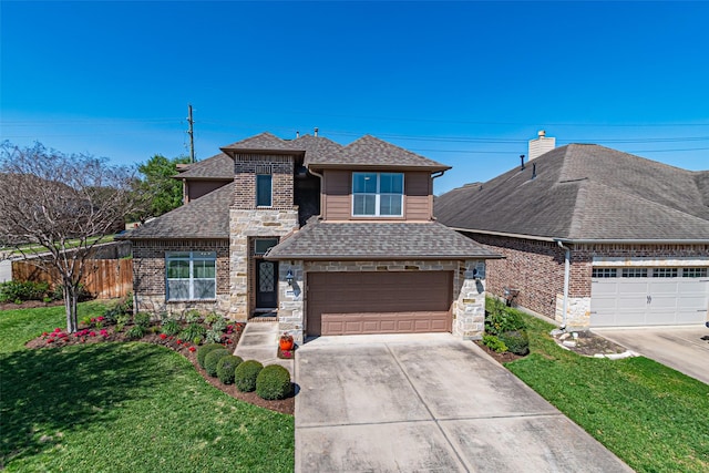 view of front of property with a front lawn, fence, roof with shingles, stone siding, and driveway