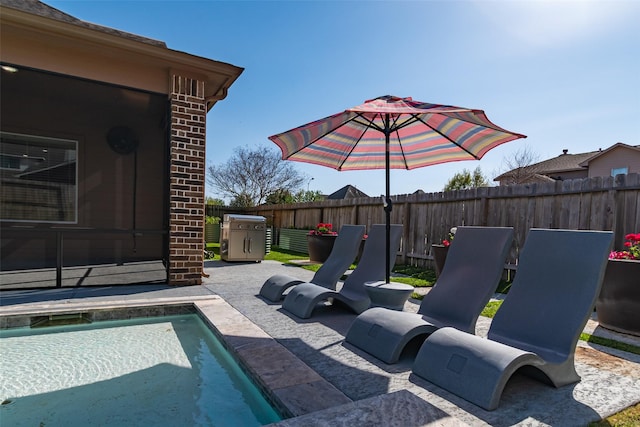 view of swimming pool featuring a fenced in pool, a fenced backyard, and a patio area