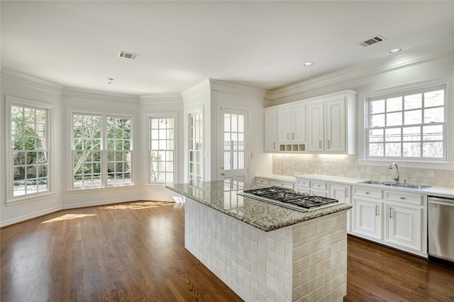 kitchen with plenty of natural light, white cabinetry, a sink, and appliances with stainless steel finishes
