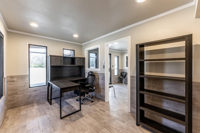 407 S Home St, Corrigan, TX 75939 - office space with a wainscoted wall, recessed lighting, ornamental molding, tile walls, and light wood-type flooring