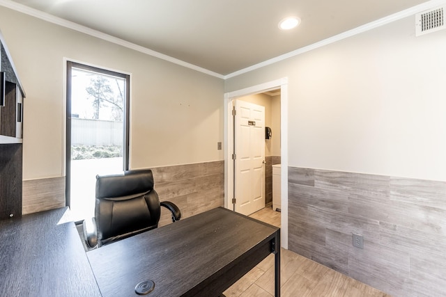 407 S Home St, Corrigan, TX 75939 - office area with visible vents, ornamental molding, tile walls, and a wainscoted wall