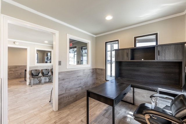 407 S Home St, Corrigan, TX 75939 - office with light wood finished floors, wainscoting, tile walls, and crown molding